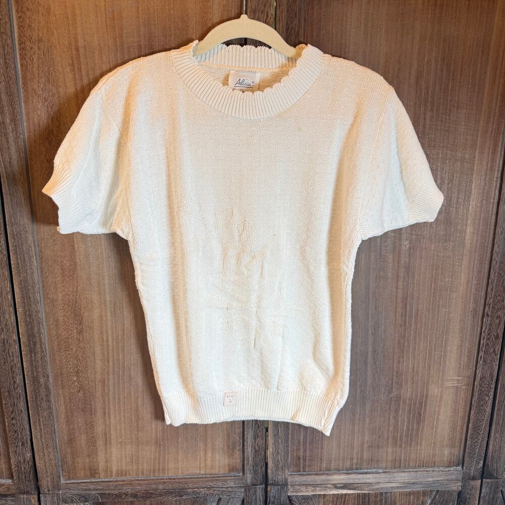 Vintage Alicia JCPenney Sweater Top Medium Ivory Rose Knit Short Sleeve USA